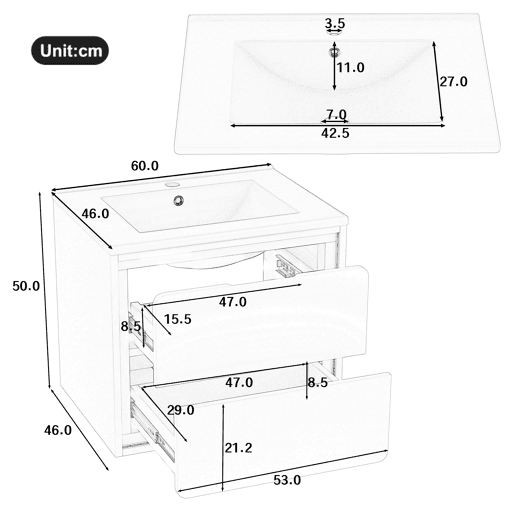 Móvel de casa de banho suspenso 60x46x50 cm - LED, sensor de radar, duas gavetas, branco