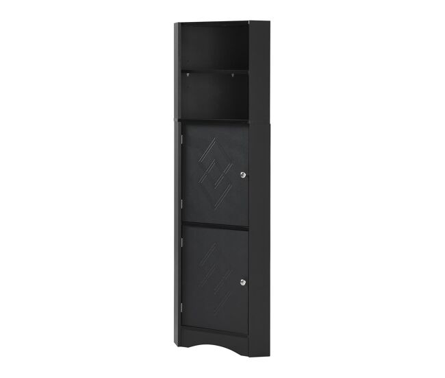 Armario de baño esquinal 36.5x36.5x155 cm - 2 estantes, compartimento abierto, ajustable - negro