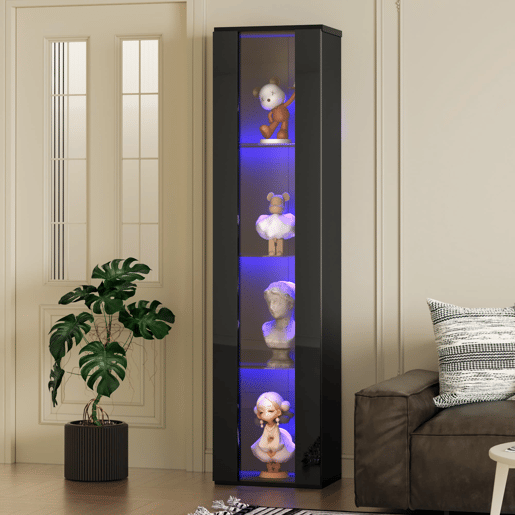 Vitrine multifuncional 40x29x170 cm - Painel de vidro, luz LED com mudança de cor, controle remoto, design simples - Preto