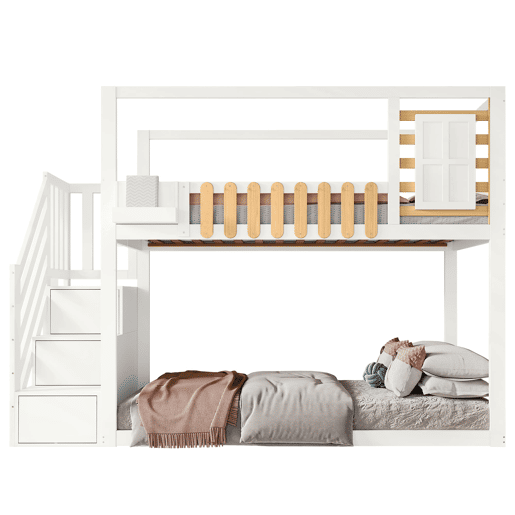 Beliche 90x200cm - Com escada, janela, prateleira e proteção contra quedas - Branco
