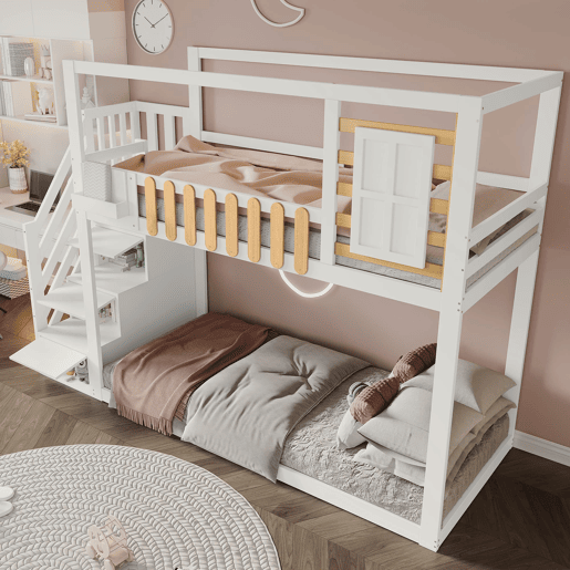 Beliche 90x200cm - Com escada, janela, prateleira e proteção contra quedas - Branco