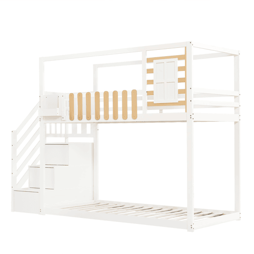 Beliche 90x200cm - Com escada, janela, prateleira e proteção contra quedas - Branco