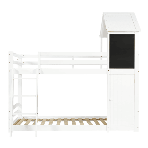 Beliche infantil 90x200 cm - Com porta pequena, janela, teto, escada inclinada - Branco
