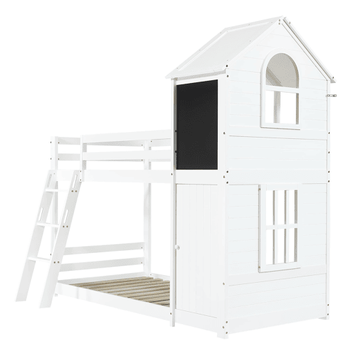 Beliche infantil 90x200 cm - Com porta pequena, janela, teto, escada inclinada - Branco