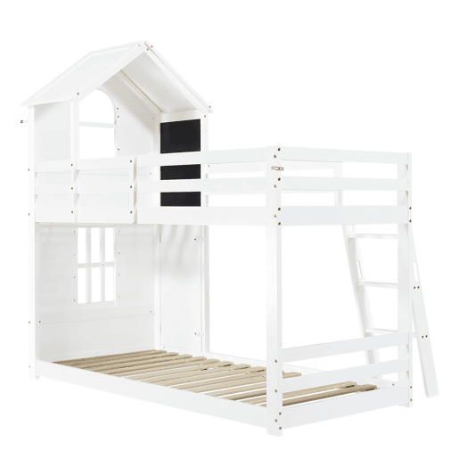 Beliche infantil 90x200 cm - Com porta pequena, janela, teto, escada inclinada - Branco