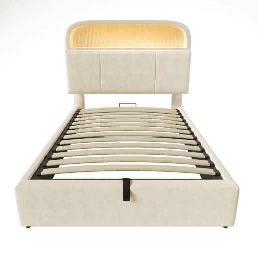 Cama estofada 90x200 cm - Cabeceira com arrumação ajustável, LED e carregador USBType-C - Bege