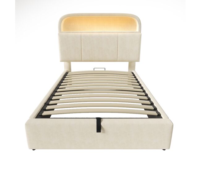Cama tapizada 90x200 cm - cabecero con almacenamiento ajustable, led y cargador usb/type-c - beige
