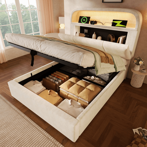 Cama estofada 90x200 cm - Cabeceira com arrumação ajustável, LED e carregador USBType-C - Bege