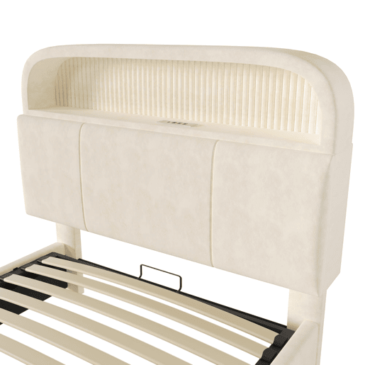 Cama estofada 90x200 cm - Cabeceira com arrumação ajustável, LED e carregador USBType-C - Bege