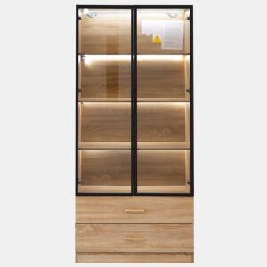Armário de casa de banho 75 cm - 2 gavetas grandes, 2 portas, com iluminação, porta de vidro - Castanho