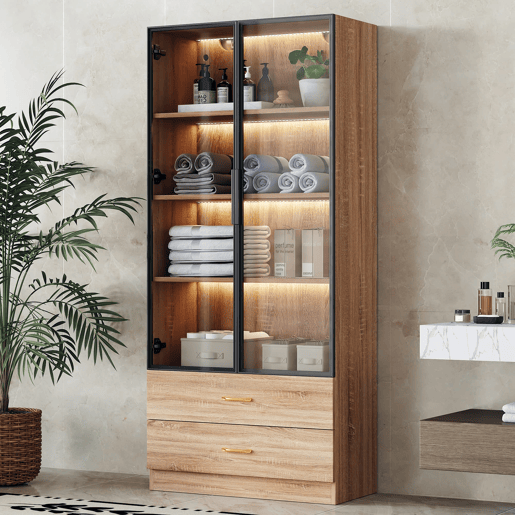 Armário de casa de banho 75 cm - 2 gavetas grandes, 2 portas, com iluminação, porta de vidro - Castanho Armário de casa de banho 75 cm - 2 gavetas grandes, 2 portas, com iluminação, porta de vidro - Castanho