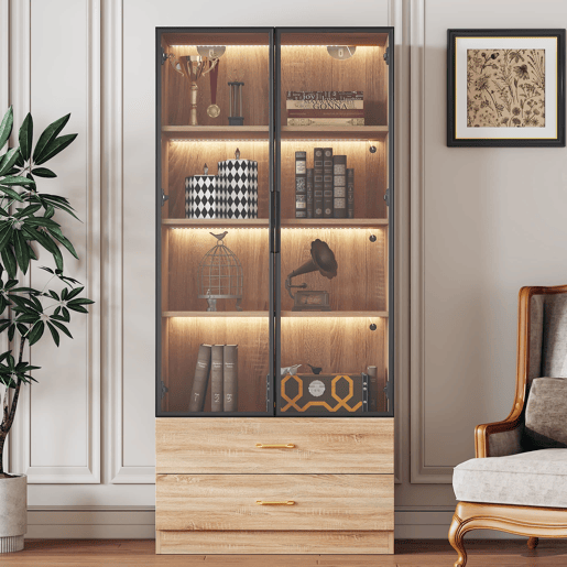 Armário de casa de banho 75 cm - 2 gavetas grandes, 2 portas, com iluminação, porta de vidro - Castanho Armário de casa de banho 75 cm - 2 gavetas grandes, 2 portas, com iluminação, porta de vidro - Castanho