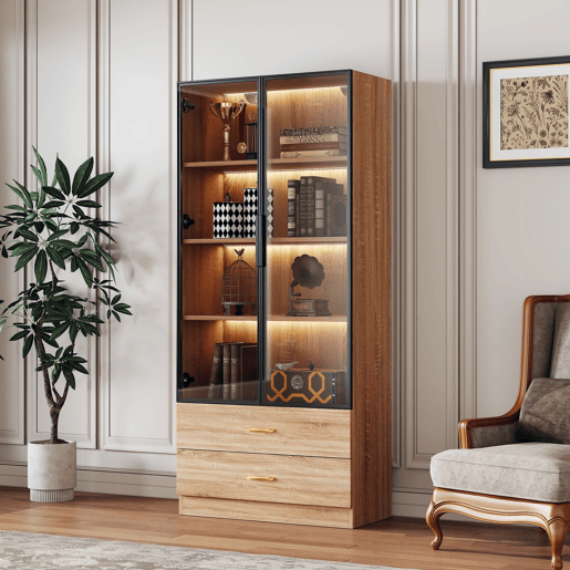 Armário de casa de banho 75 cm - 2 gavetas grandes, 2 portas, com iluminação, porta de vidro - Castanho Armário de casa de banho 75 cm - 2 gavetas grandes, 2 portas, com iluminação, porta de vidro - Castanho