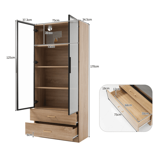 Armário de casa de banho 75 cm - 2 gavetas grandes, 2 portas, com iluminação, porta de vidro - Castanho Armário de casa de banho 75 cm - 2 gavetas grandes, 2 portas, com iluminação, porta de vidro - Castanho
