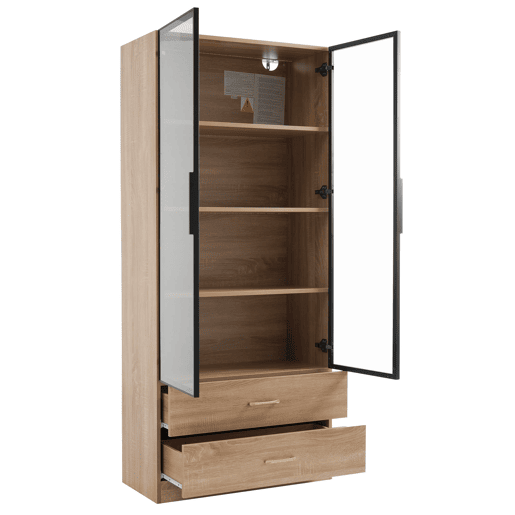 Armário de casa de banho 75 cm - 2 gavetas grandes, 2 portas, com iluminação, porta de vidro - Castanho Armário de casa de banho 75 cm - 2 gavetas grandes, 2 portas, com iluminação, porta de vidro - Castanho