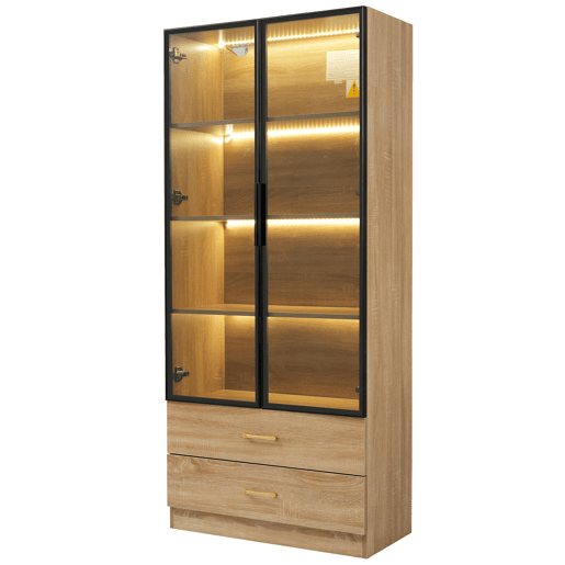 Armário de casa de banho 75 cm - 2 gavetas grandes, 2 portas, com iluminação, porta de vidro - Castanho Armário de casa de banho 75 cm - 2 gavetas grandes, 2 portas, com iluminação, porta de vidro - Castanho