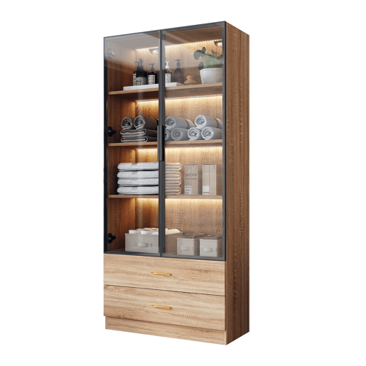 Armário de casa de banho 75 cm - 2 gavetas grandes, 2 portas, com iluminação, porta de vidro - Castanho Armário de casa de banho 75 cm - 2 gavetas grandes, 2 portas, com iluminação, porta de vidro - Castanho