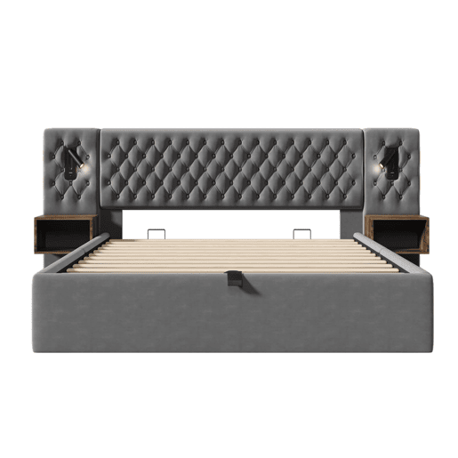 Cama Polsterbett 160x200 - Cama hidráulica com arrumação, 2 mesas de cabeceira, luz LED, cinzenta