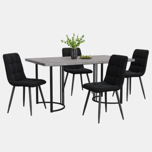 Conjunto de sala de jantar de 5 peças 140×80 cm - Mesa de cozinha com 4 cadeiras, pernas metálicas pretas, tampo em MDF cinzento - Veludo preto