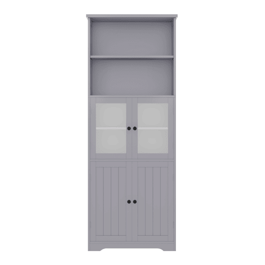 Armário de casa de banho alto 57,4 x 28,5 x 160 cm - Com portas de vidro e madeira, prateleiras ajustáveis - Cinza