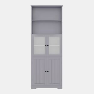 Armário de casa de banho alto 57,4 x 28,5 x 160 cm - Com portas de vidro e madeira, prateleiras ajustáveis - Cinza
