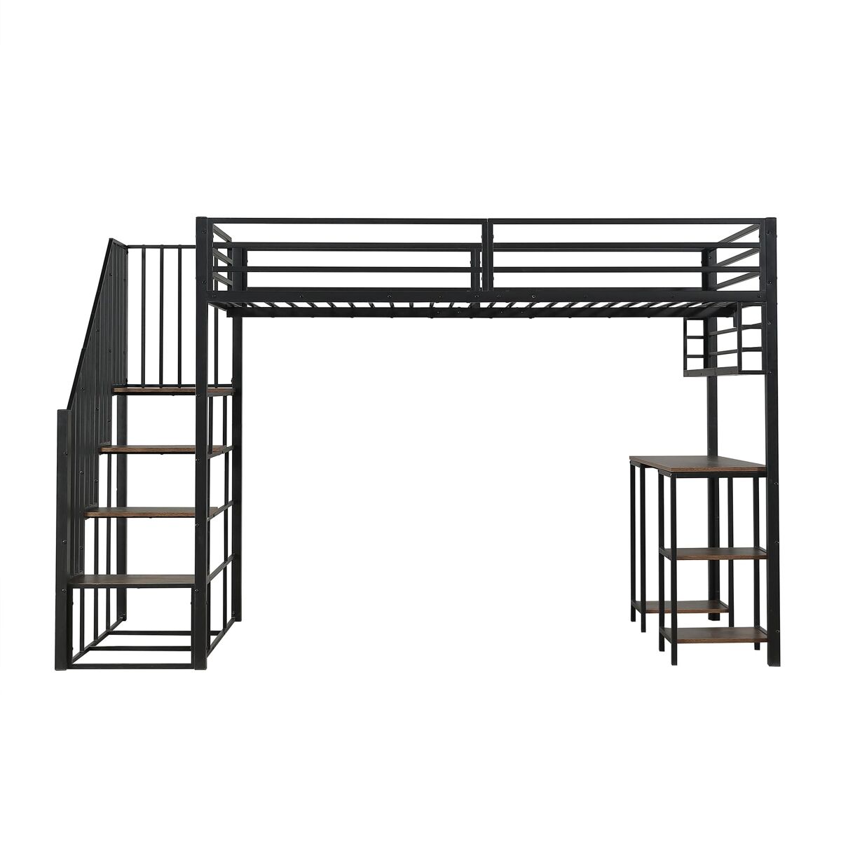 Cama loft 120x200 cm - con escalera, escritorio y estante de almacenamiento - negro + nogal oscuro