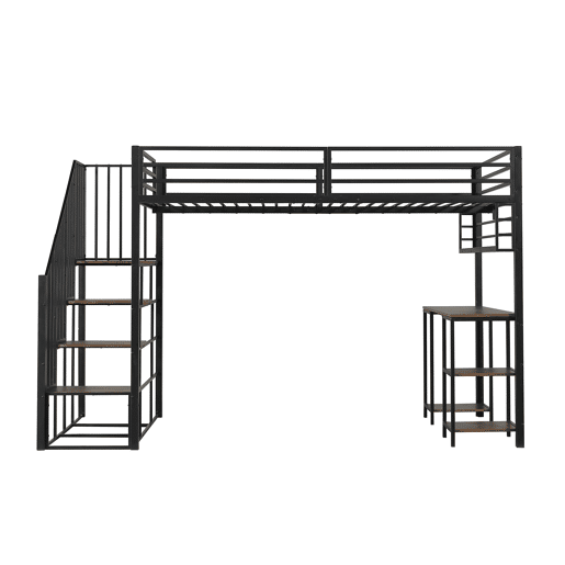 Cama loft 120x200 cm - Com escada, secretária e prateleira de arrumação - Preto + Nogueira escura