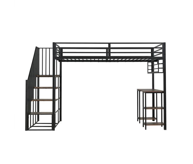 Cama loft 120x200 cm - con escalera, escritorio y estante de almacenamiento - negro + nogal oscuro