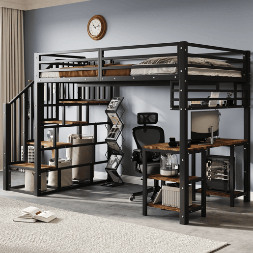 Cama loft 120x200 cm - Com escada, secretária e prateleira de arrumação - Preto + Nogueira escura