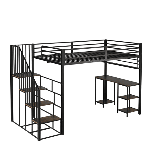Cama loft 120x200 cm - Com escada, secretária e prateleira de arrumação - Preto + Nogueira escura