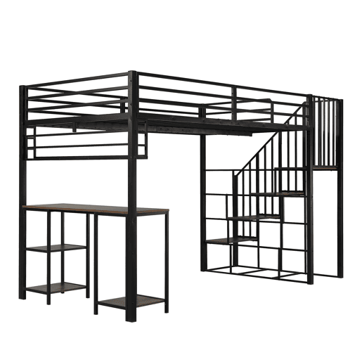 Cama loft 120x200 cm - Com escada, secretária e prateleira de arrumação - Preto + Nogueira escura