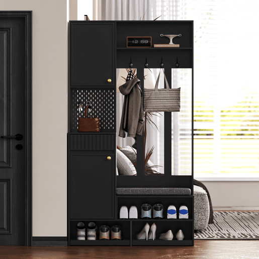 Conjunto de guarda-roupa 100x180x35 cm - Com banco, 4 ganchos, portas e gavetas - Preto