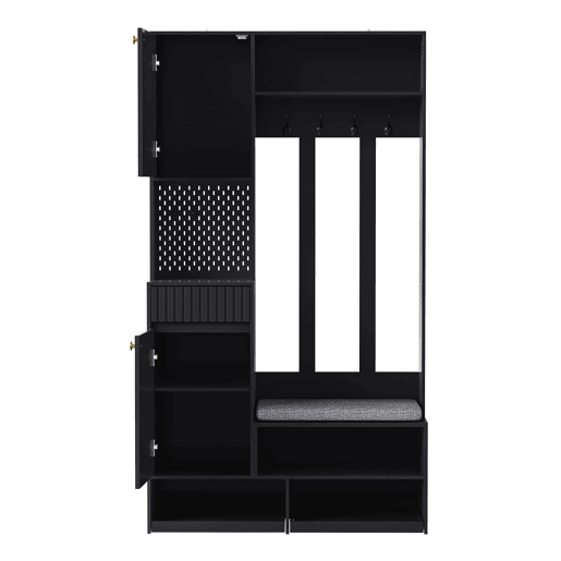 Conjunto de guarda-roupa 100x180x35 cm - Com banco, 4 ganchos, portas e gavetas - Preto