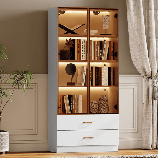 Armário de casa de banho 75 cm - com iluminação, 2 gavetas grandes, 2 portas, porta de vidro - branco