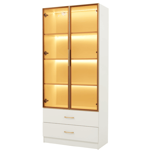 Armário de casa de banho 75 cm - com iluminação, 2 gavetas grandes, 2 portas, porta de vidro - branco