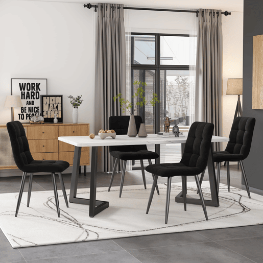 Conjunto de sala de jantar de 5 peças - Mesa retangular com 4 cadeiras - Cadeiras em veludo preto - Estrutura preta