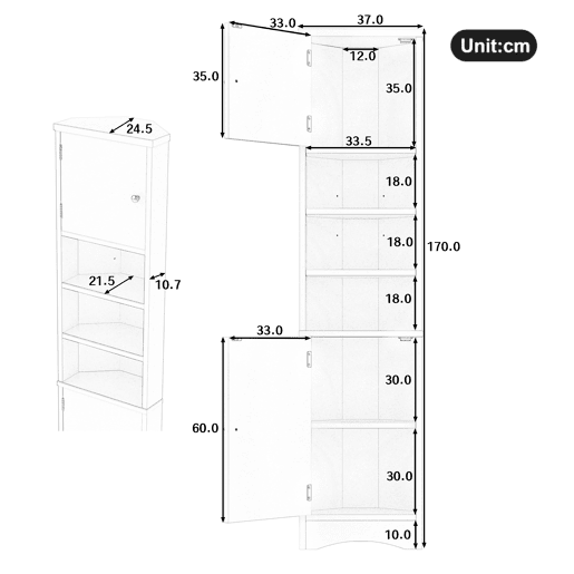 Armário de casa de banho triangular 36,5 x 24,5 x 170 cm - 3 prateleiras abertas, portas duplas, prateleiras ajustáveis, branco