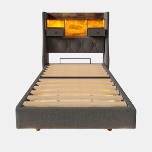 Cama Polsterbett 90x200 cm - Com iluminação LED, cabeceira com arrumação, USB - Cinza