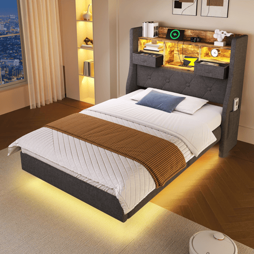 Cama Polsterbett 90x200 cm - Com iluminação LED, cabeceira com arrumação, USB - Cinza