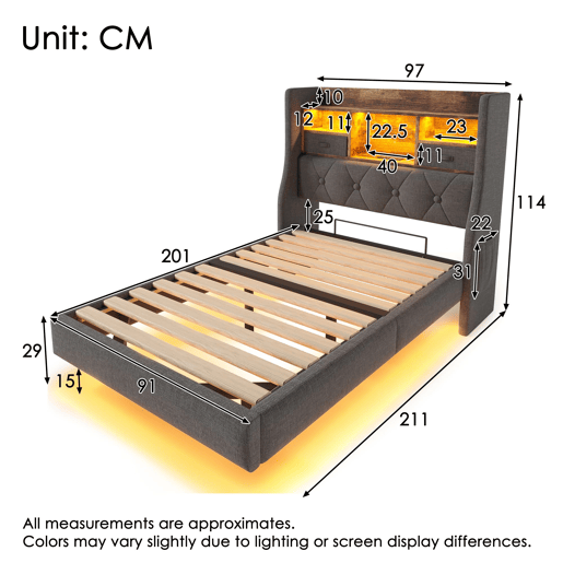 Cama Polsterbett 90x200 cm - Com iluminação LED, cabeceira com arrumação, USB - Cinza