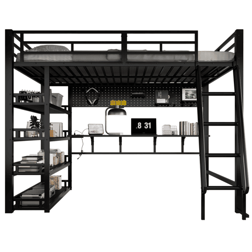 Cama loft 140x200 cm - Com prateleiras, muito espaço de armazenamento, porta de carregamento, escada inclinada - Preto