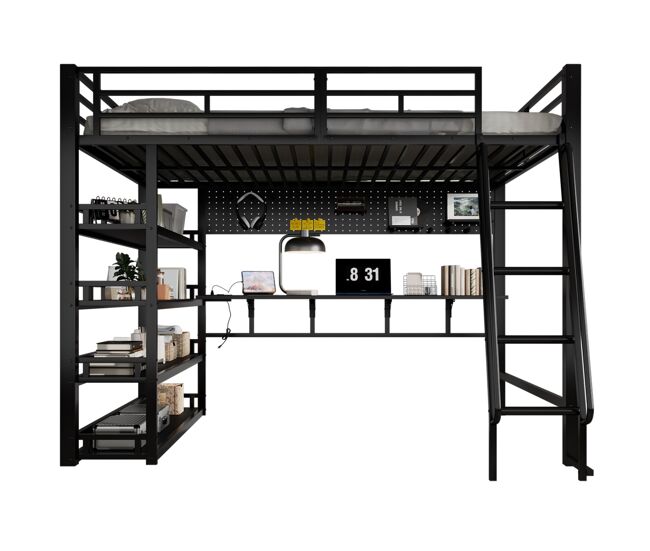 Cama loft 140x200 cm - con estantes, mucho almacenamiento, con puerto de carga, escalera inclinada - negro