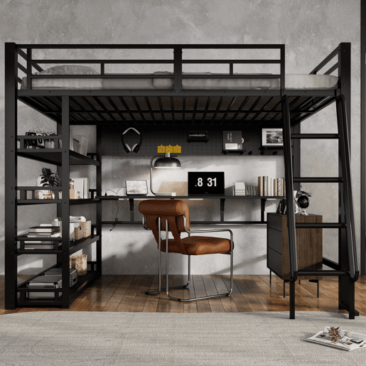 Cama loft 140x200 cm - Com prateleiras, muito espaço de armazenamento, porta de carregamento, escada inclinada - Preto