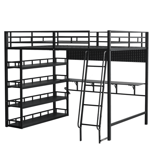 Cama loft 140x200 cm - Com prateleiras, muito espaço de armazenamento, porta de carregamento, escada inclinada - Preto