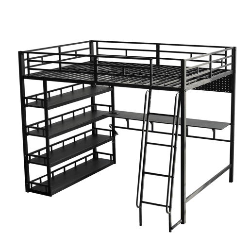 Cama loft 140x200 cm - Com prateleiras, muito espaço de armazenamento, porta de carregamento, escada inclinada - Preto
