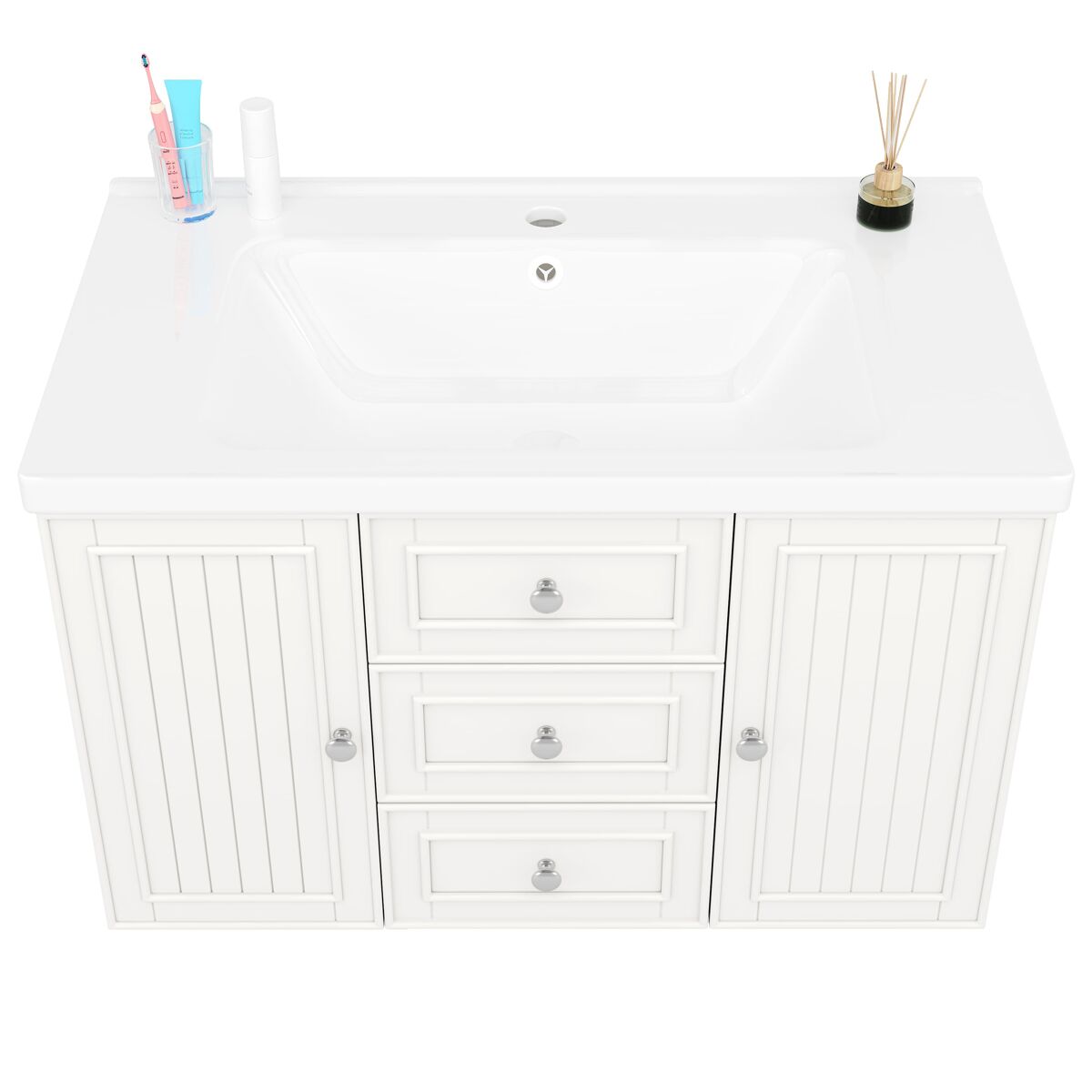 Mueble de baño suspendido 78.5x46x46.8 cm - 3 cajones, lavabo integrado - blanco