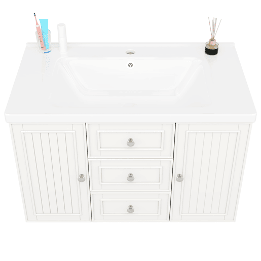 Móvel de casa de banho suspenso 78,5 x 46 x 46,8 cm - 3 gavetas, lavatório integrado - Branco