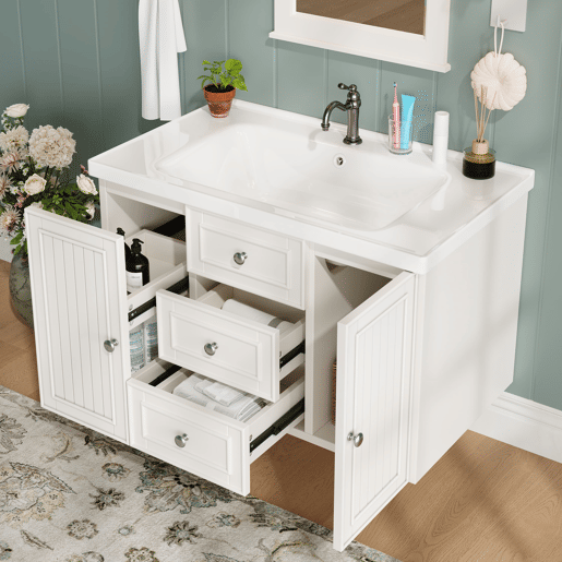 Móvel de casa de banho suspenso 78,5 x 46 x 46,8 cm - 3 gavetas, lavatório integrado - Branco