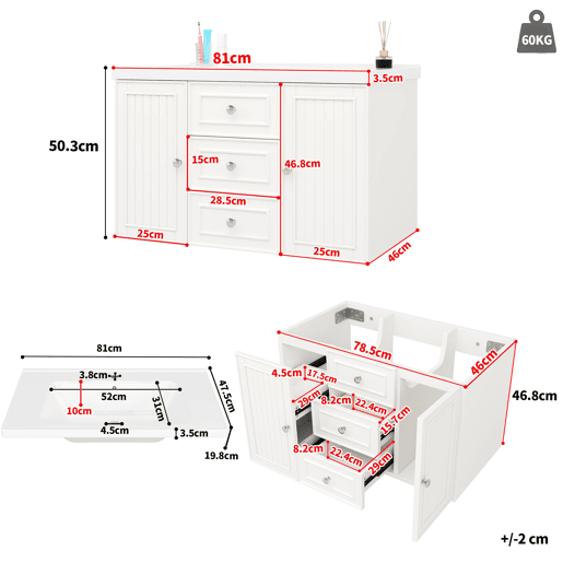 Móvel de casa de banho suspenso 78,5 x 46 x 46,8 cm - 3 gavetas, lavatório integrado - Branco