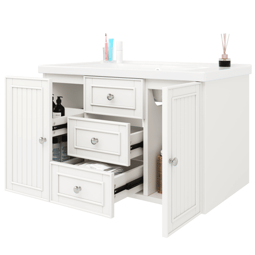 Móvel de casa de banho suspenso 78,5 x 46 x 46,8 cm - 3 gavetas, lavatório integrado - Branco